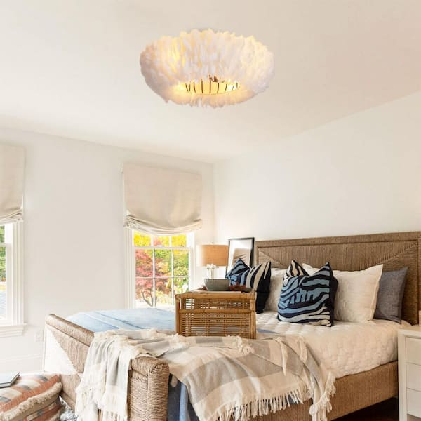 20 in. White Feather-Dressed and PC Blades Flush Mount Standard Low Profile Ceiling Fan Without Lights, Remote Control