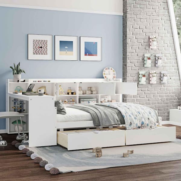 White Full Daybed with 7-Storage Cabinets, 2 Storage Drawers, Study Desk and Built-in Bookshelf