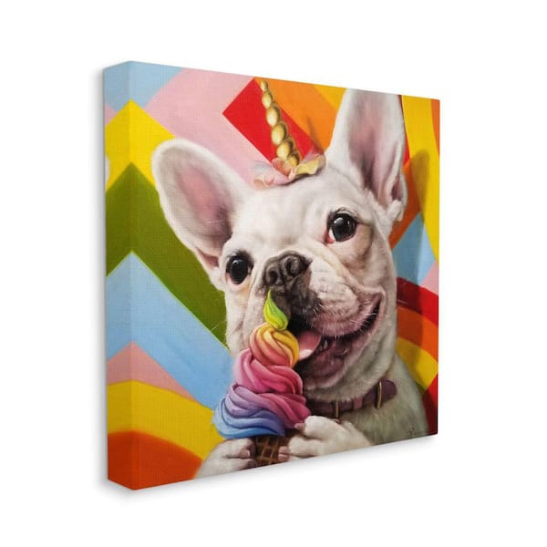 Stupell Industries "Rainbow French Bulldog Ice Cream Colorful" by Lucia Heffernan Unframed Animal Canvas Wall Art Print 24 in. x 24 in.