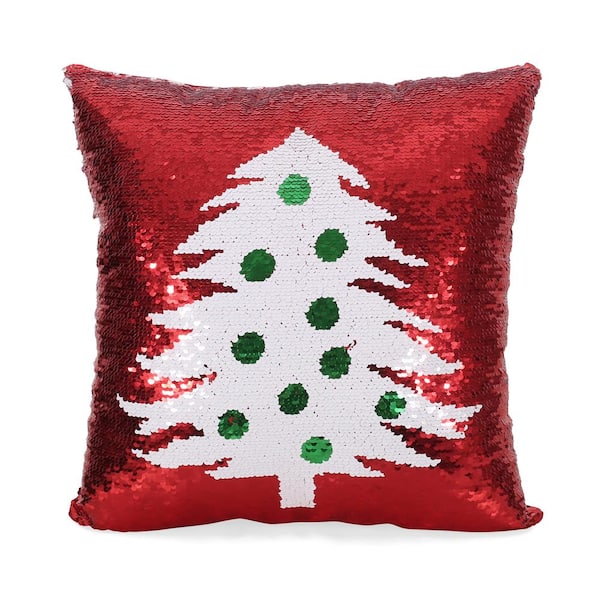 Noble House Otero Red and White Tree Sequin 18 in. x 18 in. Christmas Throw Pillow