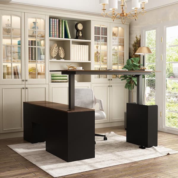 63 in. W L-Shape Black & Wood Grain Wooden 3-Drawer Adjustable Height Computer Desk, Writing Desk with 5-Shelf & 1 Door