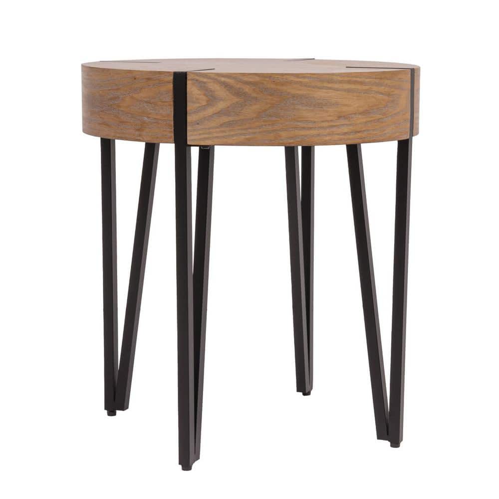 Natural Wood Round End Table with Black Metal Hairpin Legs