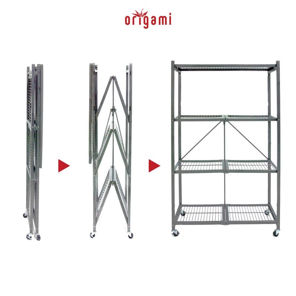 Pewter 4-Tier Foldable Wire Storage Rack with Wheels