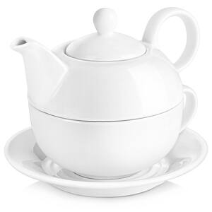 White Porcelain Teapot 11 Ounce Tea for One Set 1 Piece Teacup and Saucer