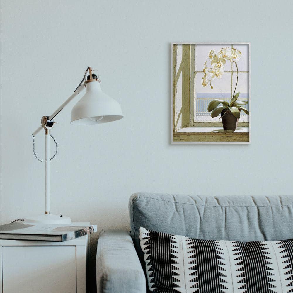 White Orchid Coastal Canvas Print with Gray Frame