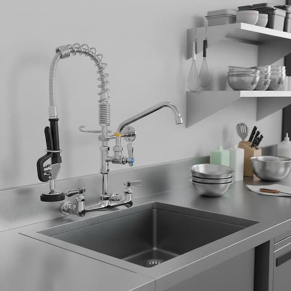 21 in Wall mounted faucet Triple Handle Pull Down Sprayer 360 Degree Spout Swivel Kitchen Faucet in Polished Chrome