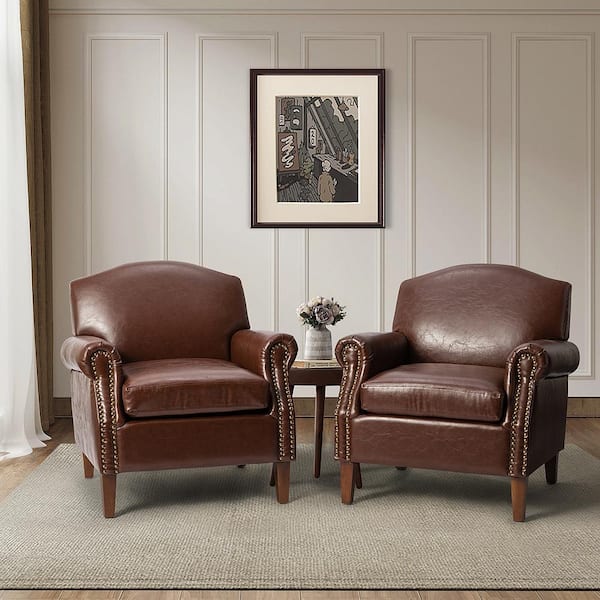 JAYDEN CREATION Gianluigi Brown Faux Leather Arm Chair with Nailhead Trim (Set of 2)