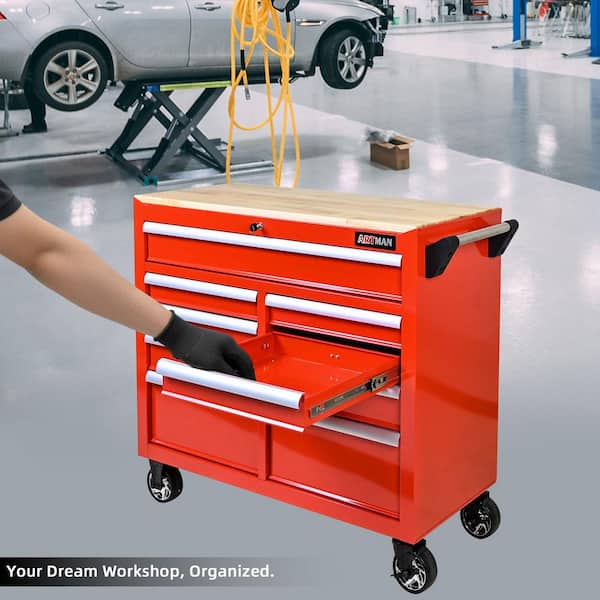 42.1 in. W x 18 in. D 9-Drawer Red Steel Rolling Tool Cabinet