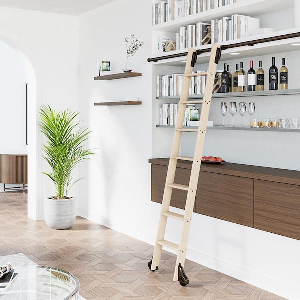MEADOW LANE 92 in. Clear Pre-Finished Maple Library Ladder (104 in. Reach) Bronze Top Hook Ladder Kit with 12 ft. Rail