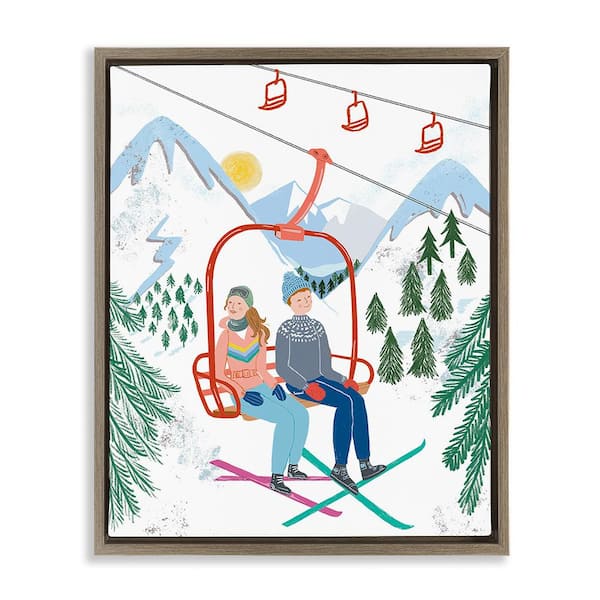 Stupell Industries Winter Ski Lift Friends by Jo Reid 1 Piece Floater Frame Graphic Print Sports Poster Art Print 31 in. x 25 in.