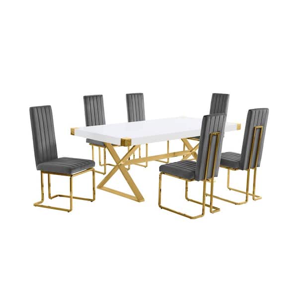 Best Quality Furniture Miguel 7-Piece Rectangle White Wood Top Gold Stainless Steel Dining Set with 6 Dark Gary Velvet Chairs