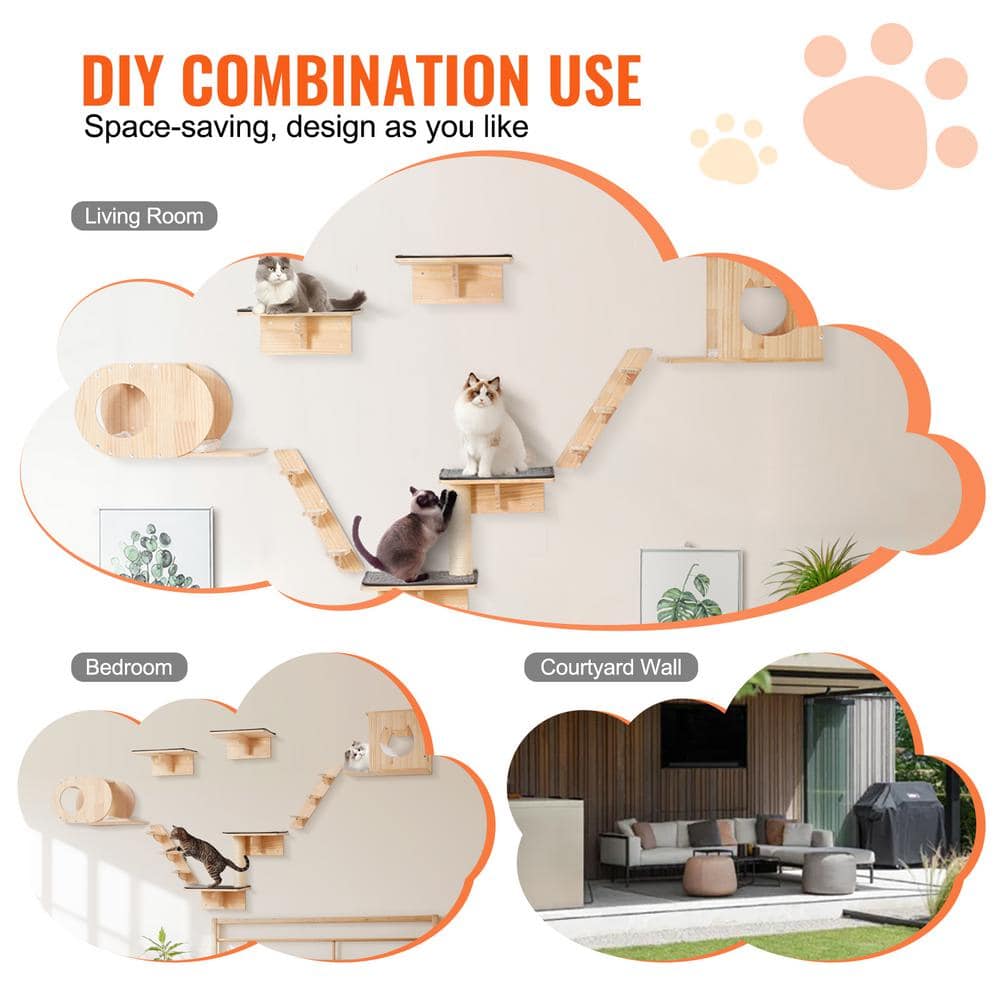 Natural Pine Wood Wall Mounted Cat Shelves Set with Hammocks