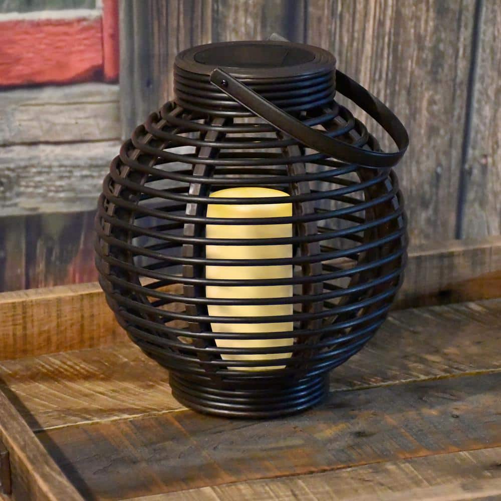 Black Plastic Hanging Solar Basket Lantern with LED Candle
