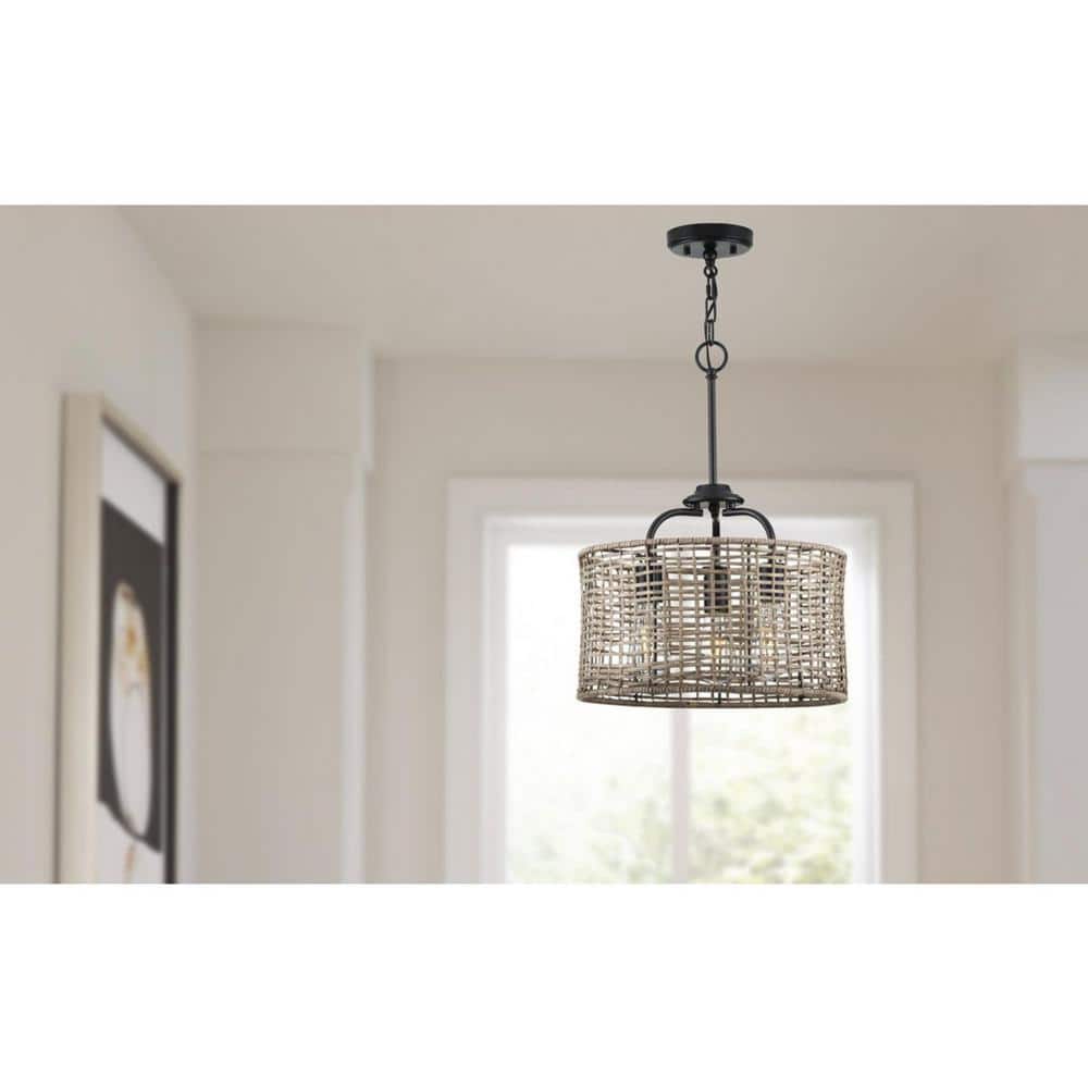 Matte Black and Rattan 3-Light Semi-Flush Mount Ceiling Light