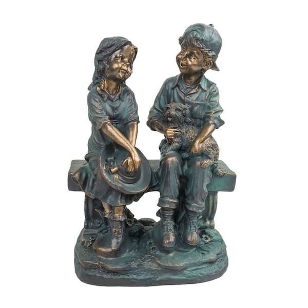 Alpine Corporation 16 in. Tall Indoor/Outdoor Girl and Boy Sitting on Bench with Puppy Statue Yard Art Decoration