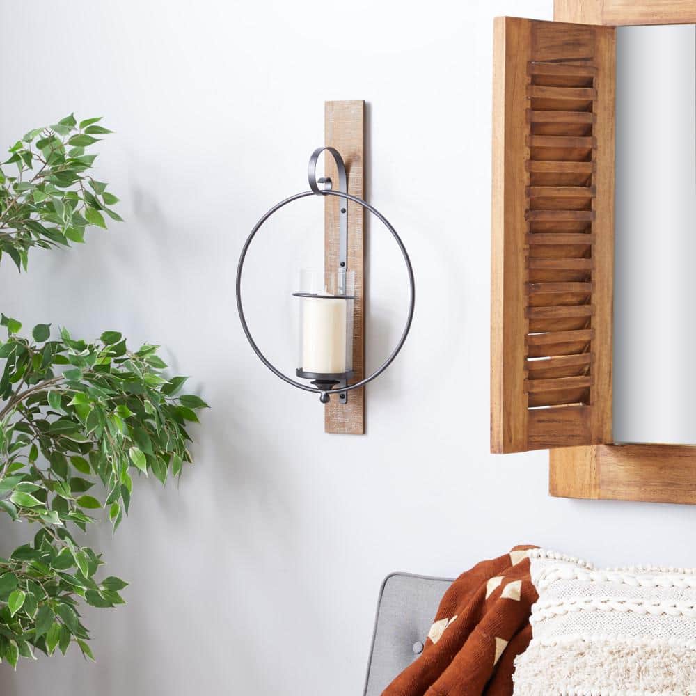 DecMode Brown Wood Geometric Pillar Wall Sconce with Wood Back Mount