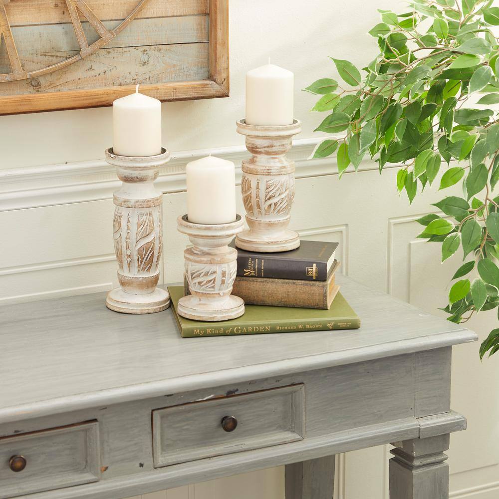 Radiant Elegance White Washed Wood Candlestick Trio, Set of 3