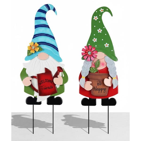27.6 in. 2-Pack Metal Gnome Garden Stakes - Flower Spring Outdoor Decor