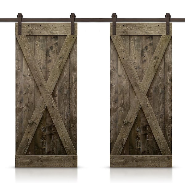 CALHOME X 40 in. x 84 in. Espresso Stained DIY Solid Knotty Pine Wood Interior Double Sliding Barn Door with Hardware Kit