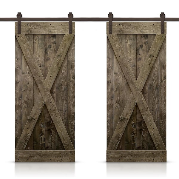 CALHOME X 88 in. x 84 in. Espresso Stained DIY Solid Knotty Pine Wood Interior Double Sliding Barn Door with Hardware Kit