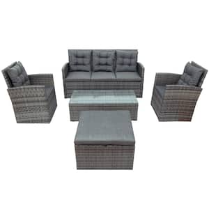 5-Piece Gray Wicker Rattan Outdoor Sectional Set with Cushions and Storage Bench
