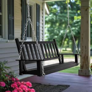 4 ft. Outdoor Wooden Patio Porch Swing with Chains and Curved Bench, Black