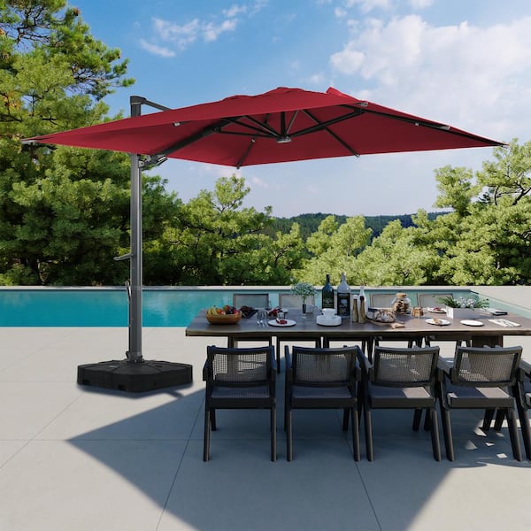 Boyel Living 10 ft 360° Rotation Square Cantilever Patio Umbrella with BaseandLED Light in Red