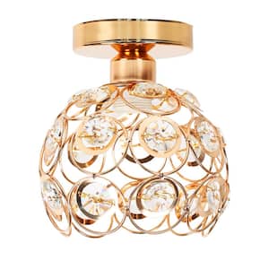 8 in. 1-Light Gold Metal Crystal Shade Flush Mount for Living Room with LED 1-Pack
