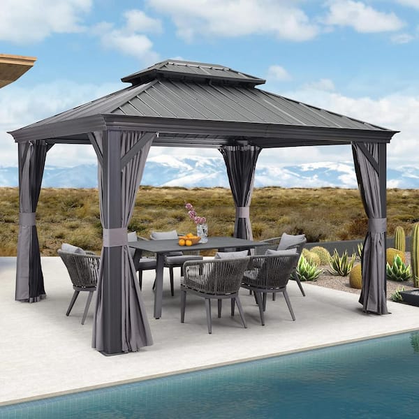 PURPLE LEAF 12 ft. x 20 ft. Gray Aluminum Hardtop Gazebo Canopy for Patio Deck Backyard Heavy-Duty with Netting and Curtains