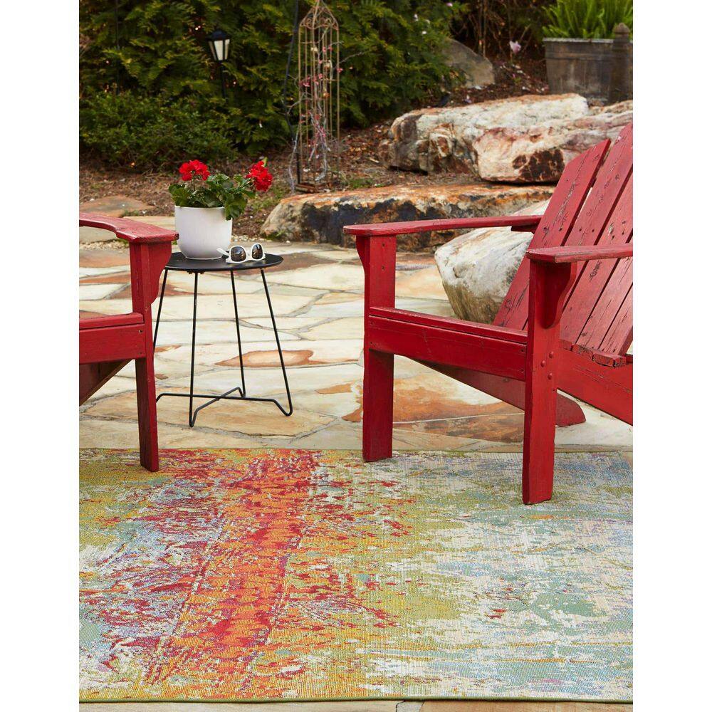 Vibrant Abstract Outdoor Square Rug - 6' Multicolor Easy-Care