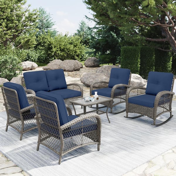 Gardenbee 6-Piece Wicker Outdoor Patio Conversation Lounge Chair Sofa Set with Blue Cushions and Coffee Table