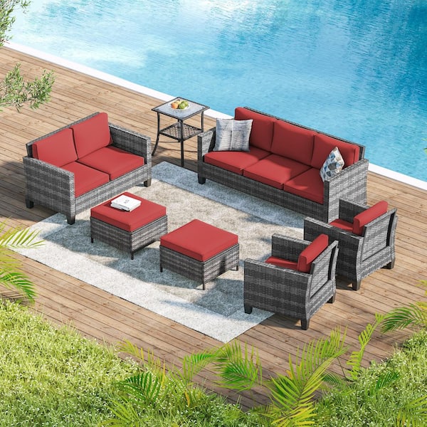 7-Pieces Patio Conversation Set with Side Table, Outdoor Armchair and Ottomans Gray Wicker with Rust Red Cushions