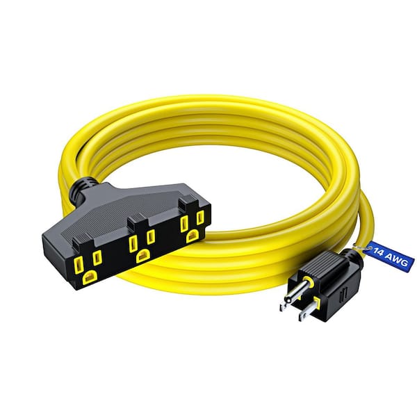 15 ft. 14 / 3 Medium / Heavy Duty Indoor T-Shaped Extension Cord 3-Outlet 15 Amps Yellow