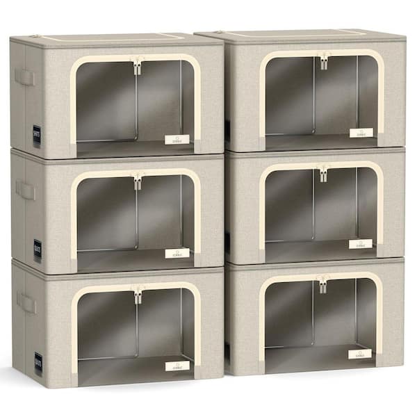 Storage Bins, Stackable and Foldable Clothes Organizer Bags, Beige 17 in. x 13 in. Polyester Decorative Box Set of 6