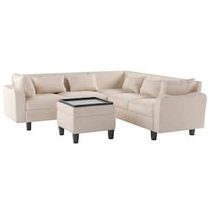 87 in. Square Arm 4-Piece L Shaped Linen 6-Seat Couch Set Modern Sectional Sofa with Coffee Table Ottoman in Beige