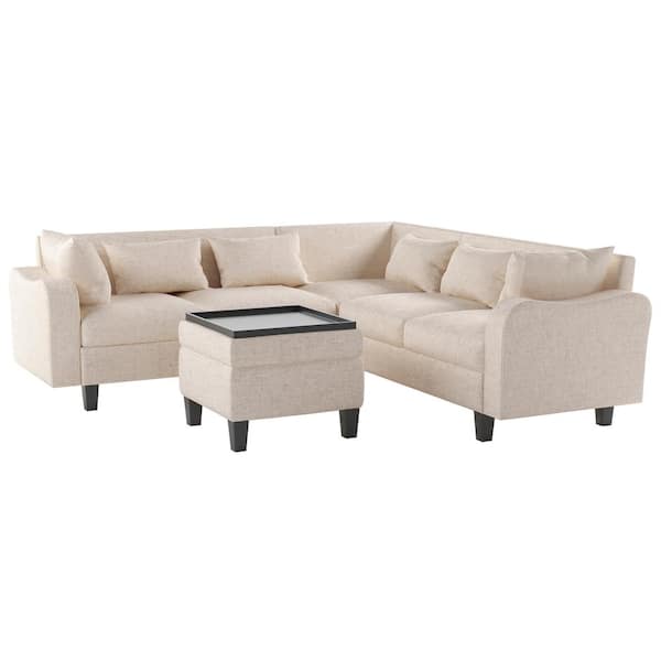 J&E Home 87 in. Square Arm 4-piece L Shaped Linen 6-seat Couch Set Modern Sectional Sofa with Coffee Table Ottoman in. Beige