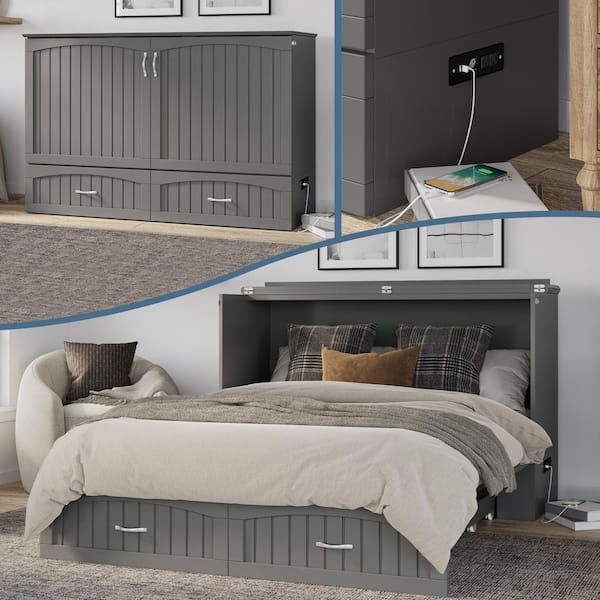 AFI Aspen Queen Grey Wood Murphy Bed Chest with Mattress, Storage & Built-in Charging