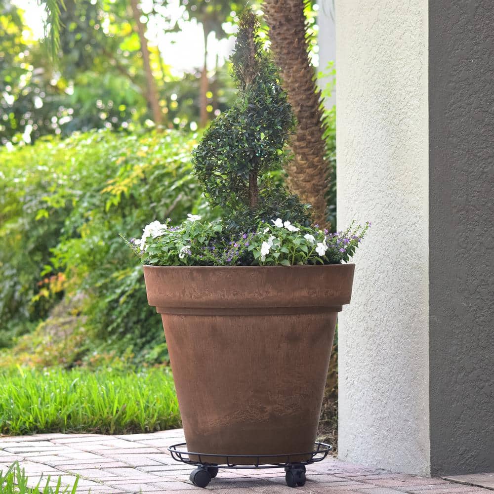 16-Inch Black Metal Heavy-Duty Plant Caddy with Wheels