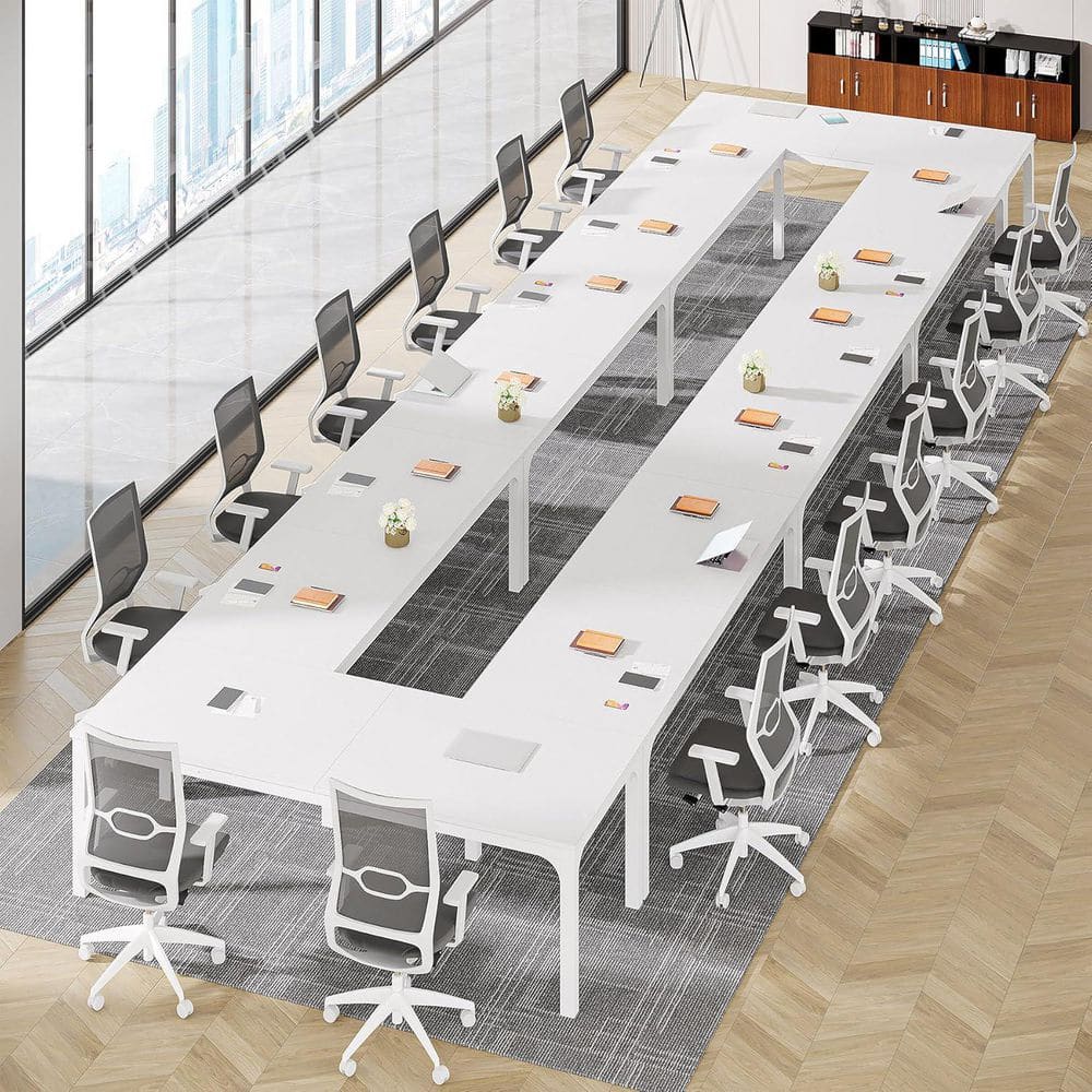 Moroni 78.7 in. White Wood Computer Desk, Rectangular Conference Table Seminar Table for 6-8 People, 8PCS
