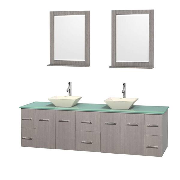 Wyndham Collection Centra 80 in. Double Vanity in Gray Oak with Glass Vanity Top in Green, Bone Porcelain Sinks and 24 in. Mirrors