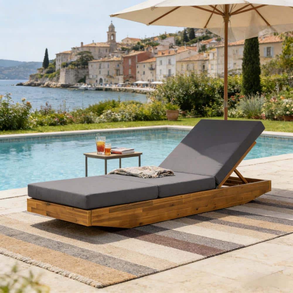 Acacia Wood Chaise Lounge with Cushion - Teak Finish Outdoor Recliner with Dark Grey 3-Fold Water-Repellent Cushion, 300 price history on PriceWatchPro