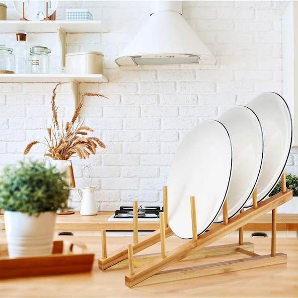 Bamboo Wooden Dish Drying Rack Cabinet Organizer Stand for Plates Bowls Pots Lids Cutting Boards 6-Pack