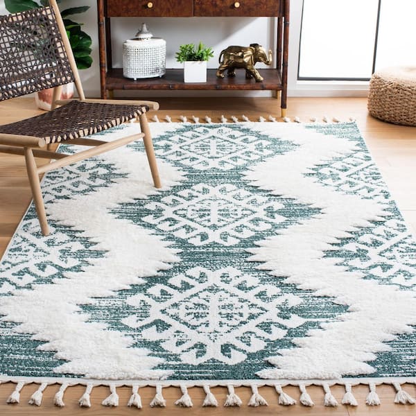 Moroccan Tassel Shag 7 ft. x 9 ft. Green/Ivory Geometric Zig-Zag High-Low Area Rug