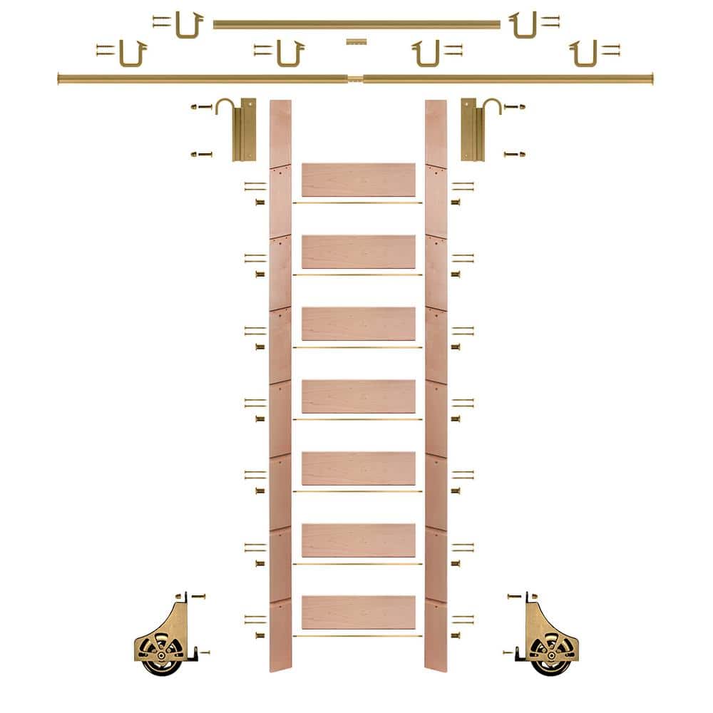 92 in. Clear Finished Red Oak Library Ladder with Polished Brass Hardware