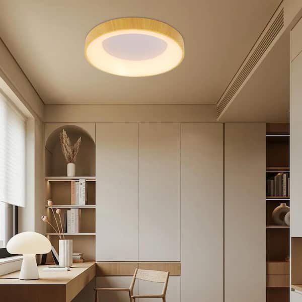 OUKANING 18.5 in. 1-Light Modern Wood 3 Colors Selectable LED