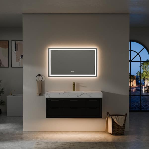 Wenlorin 48 in. Single Sink Floating Black Bath Vanity with White Engineered Marble Top Pre-assembled