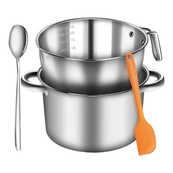 304 Stainless Steel Double Boiler Set 2.6QT Melting Bowl with Scale Handle 4.2QT Dual-Handle Pot Silver