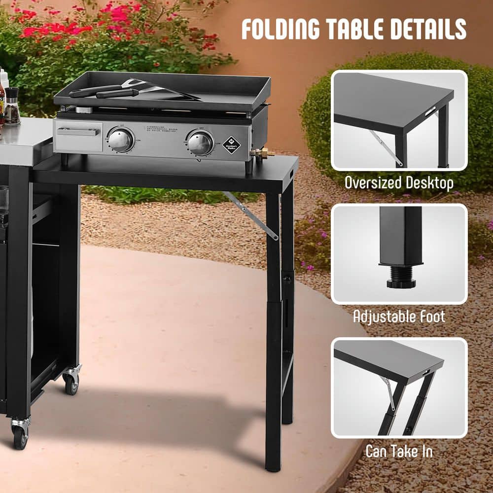 Black Stainless Steel Outdoor Kitchen Cart with Foldable Side Tables