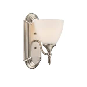 Herndon 5.5 in. W x 10.75 in. H 1-Light Satin Nickel Wall Sconce with White Frosted Glass Shade