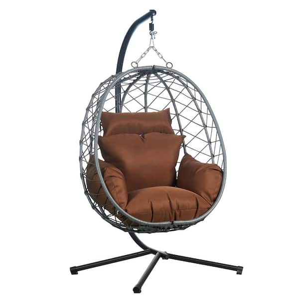 Leisuremod Summit Modern Outdoor Single Person Porch Swing Chair in Grey Metal Frame with Removable Cushions, Brown